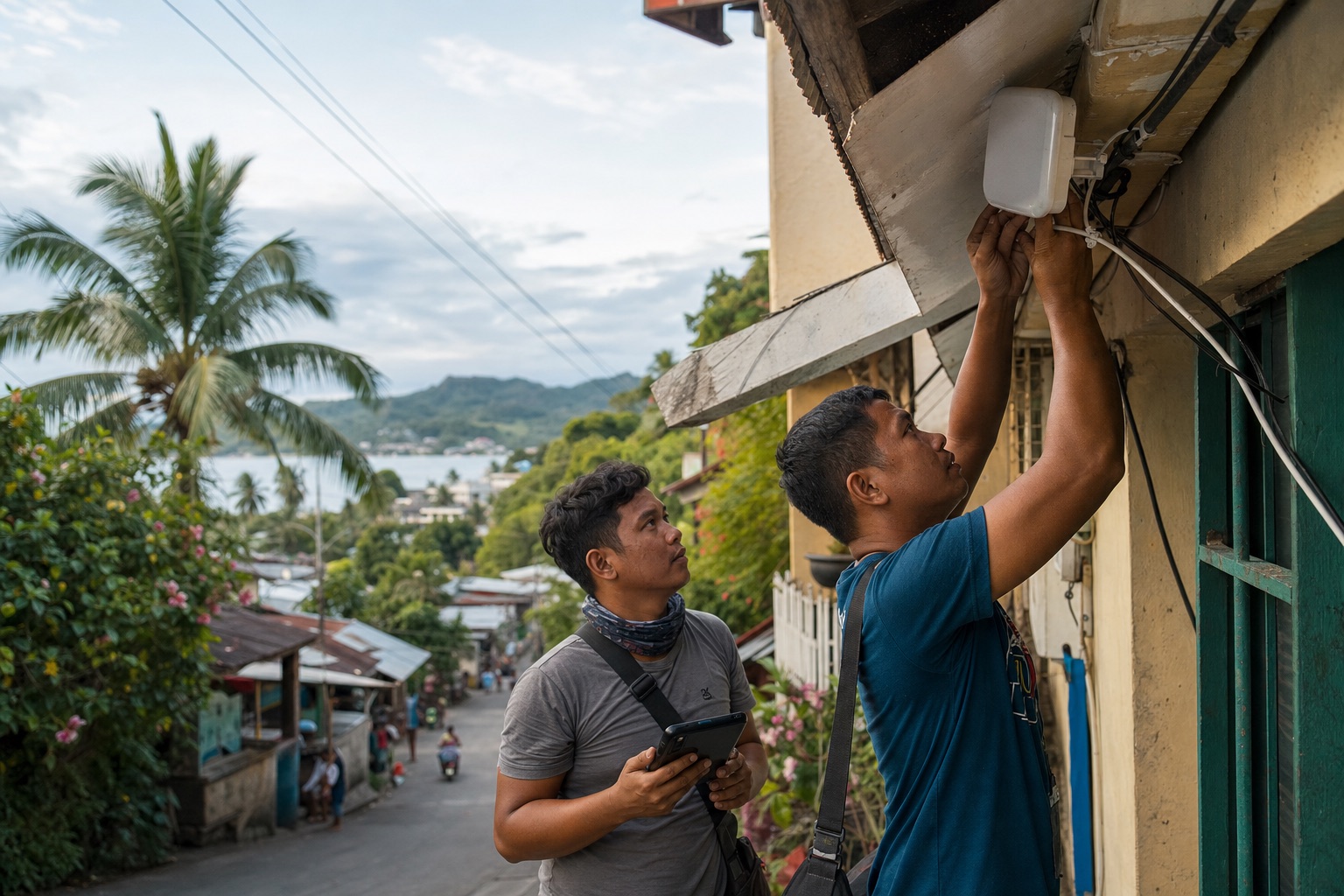 Two local technicians inspecting an outdoor wireless access point