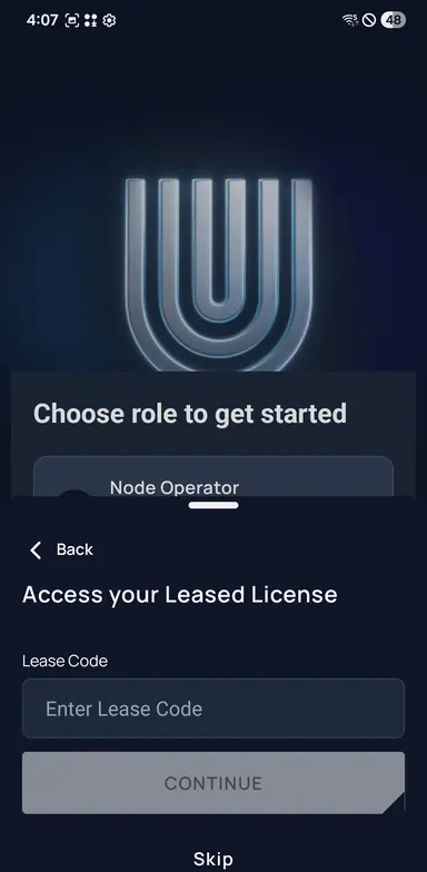 Unetwork leased license screen with lease code field