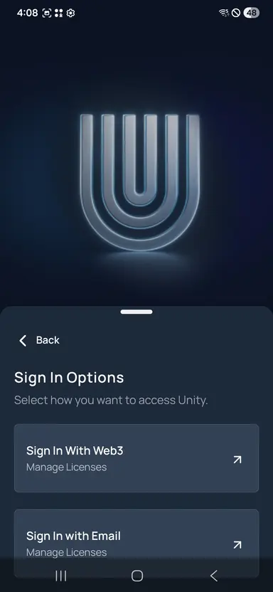 Unetwork sign-in options screen with Sign In with Email