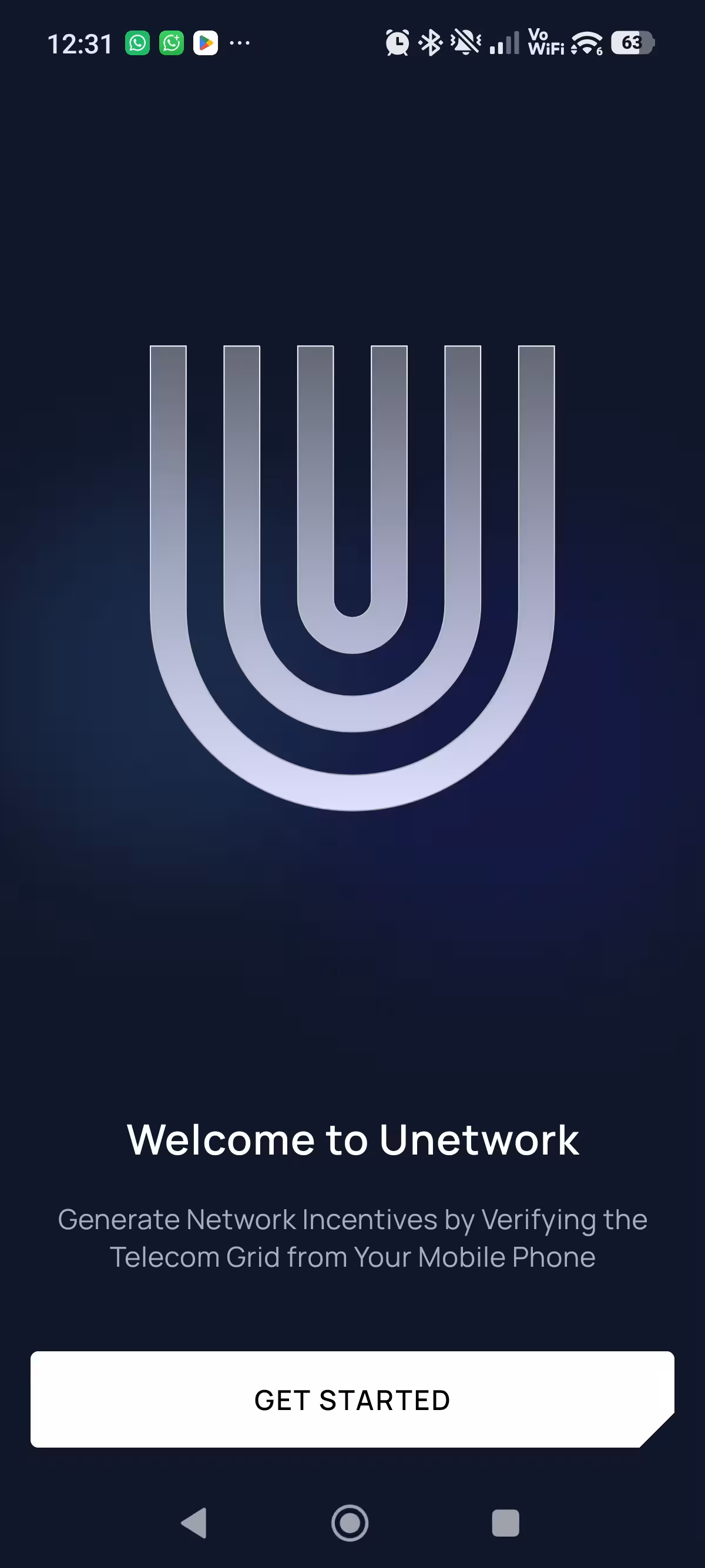 Unetwork welcome screen with Get Started action