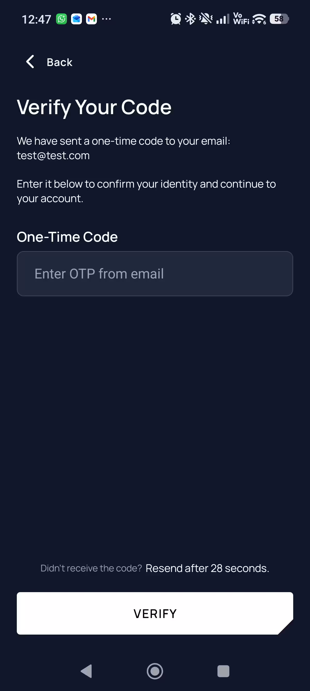 Unetwork one-time code verification screen